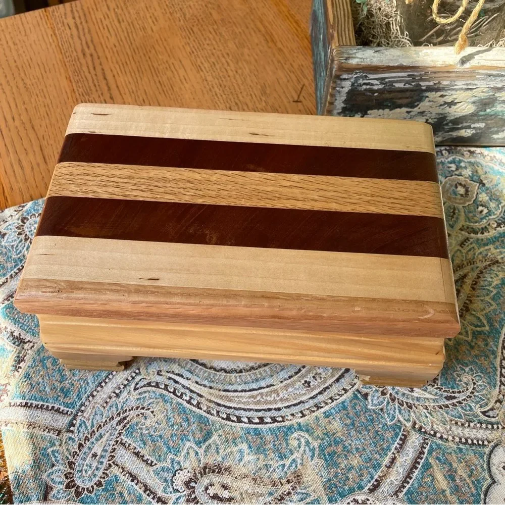 Artisan Signed Striped Hardwood Jewelry Keepsake Box Red Lined Footed